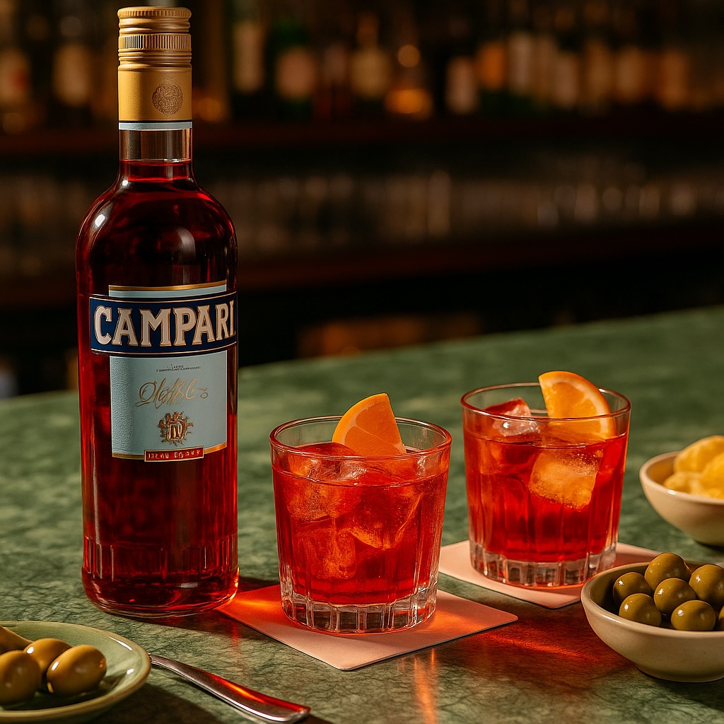 Zwei Gläser Negroni mit Eis und Orangenscheiben neben einer Flasche Campari auf einer Bartheke – dazu Oliven und Chips als Aperitivo.