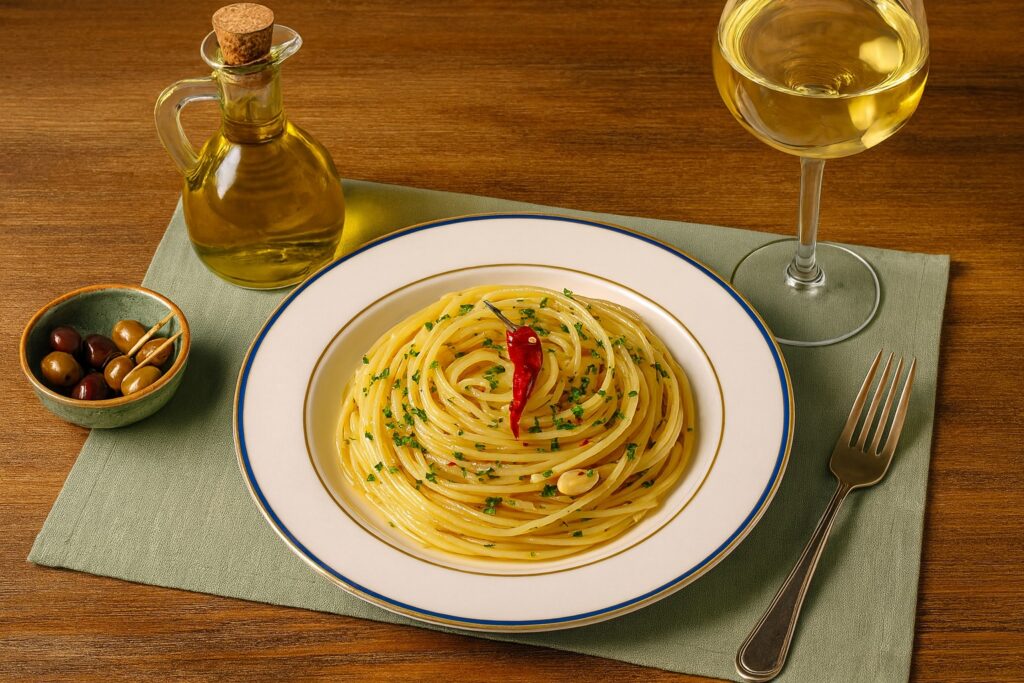 Perfekt angerichtete Spaghetti Aglio, Olio e Peperoncino auf einem edlen weißen Teller mit gold-blauem Rand, begleitet von einem Glas Weißwein, Oliven und einer Karaffe Olivenöl auf grünem Platzset.