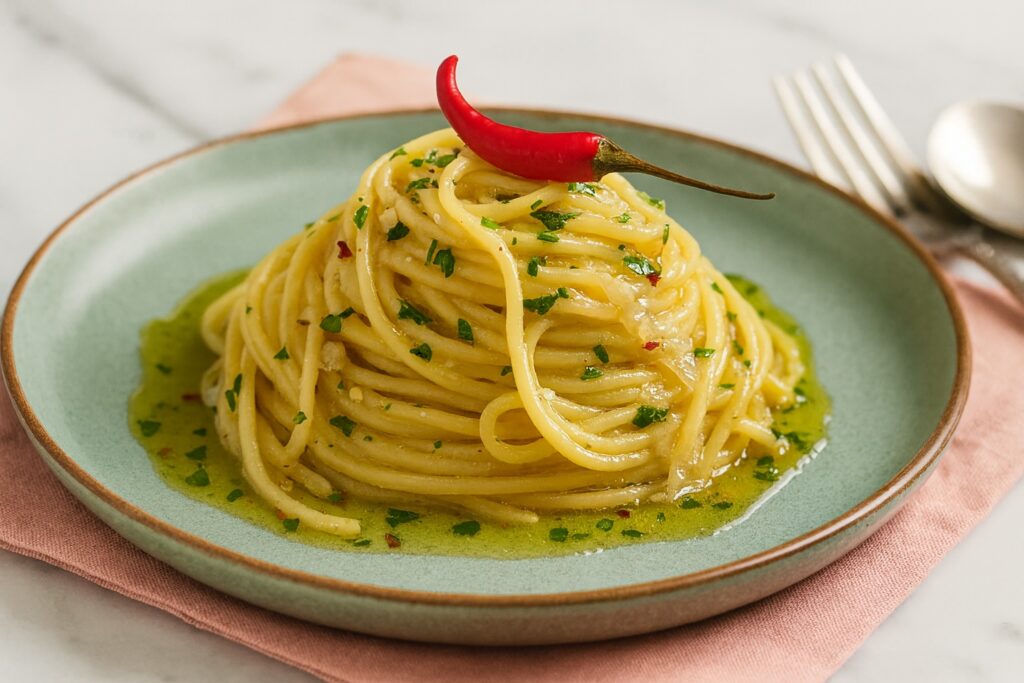 Poröse, glänzende Spaghetti Aglio, Olio e Peperoncino auf einem salbeigrünen Teller, großzügig mit Olivenöl und frischer Petersilie serviert, dekoriert mit einer roten Chilischote.