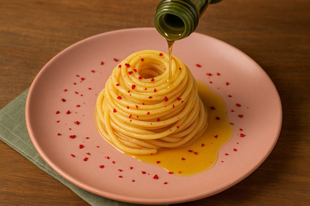 Stilvolle Präsentation: Spaghetti Aglio, Olio e Peperoncino auf rosafarbenem Teller, übergossen mit hochwertigem Olivenöl, garniert mit roten Chiliflocken.