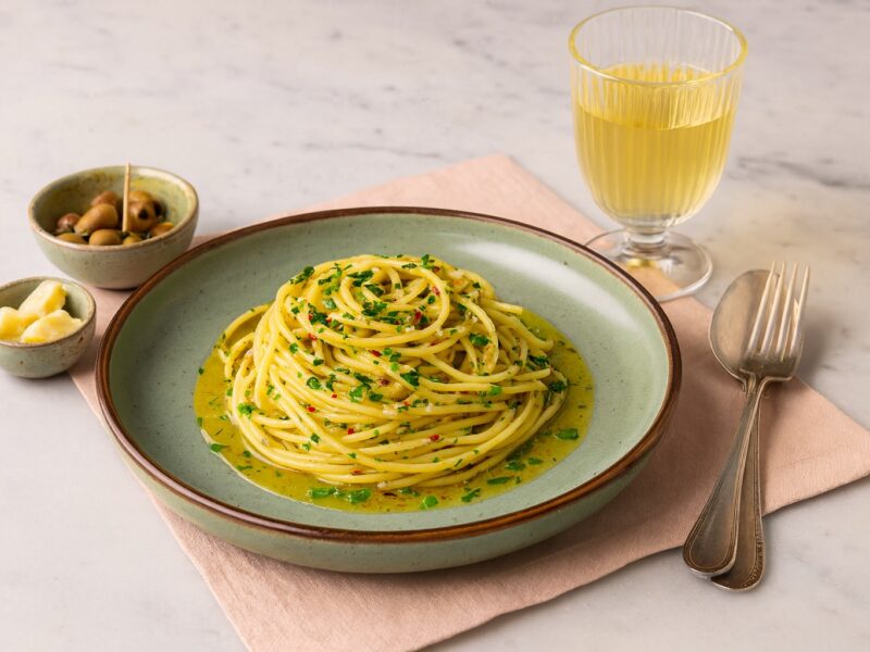 Vollständiges Gericht: Spaghetti Aglio, Olio e Peperoncino auf grünem Teller, begleitet von grünen Oliven, Knoblauchstücken und einem Glas Weißwein auf Marmoruntergrund.