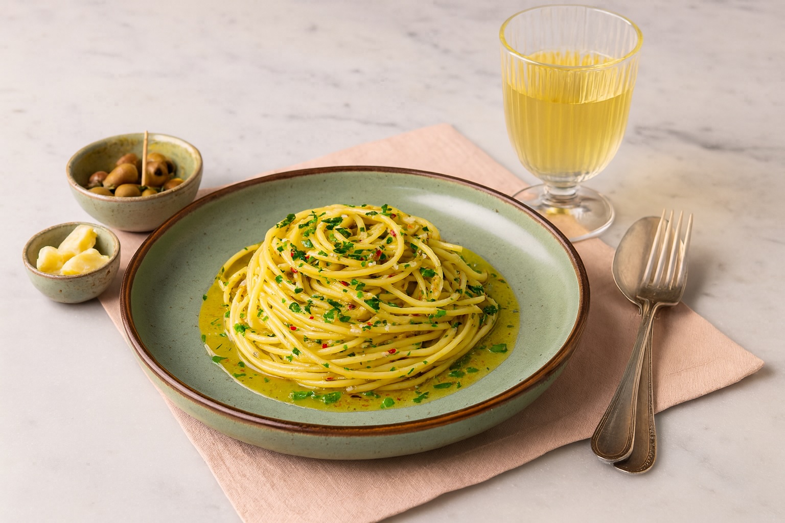 Vollständiges Gericht: Spaghetti Aglio, Olio e Peperoncino auf grünem Teller, begleitet von grünen Oliven, Knoblauchstücken und einem Glas Weißwein auf Marmoruntergrund.