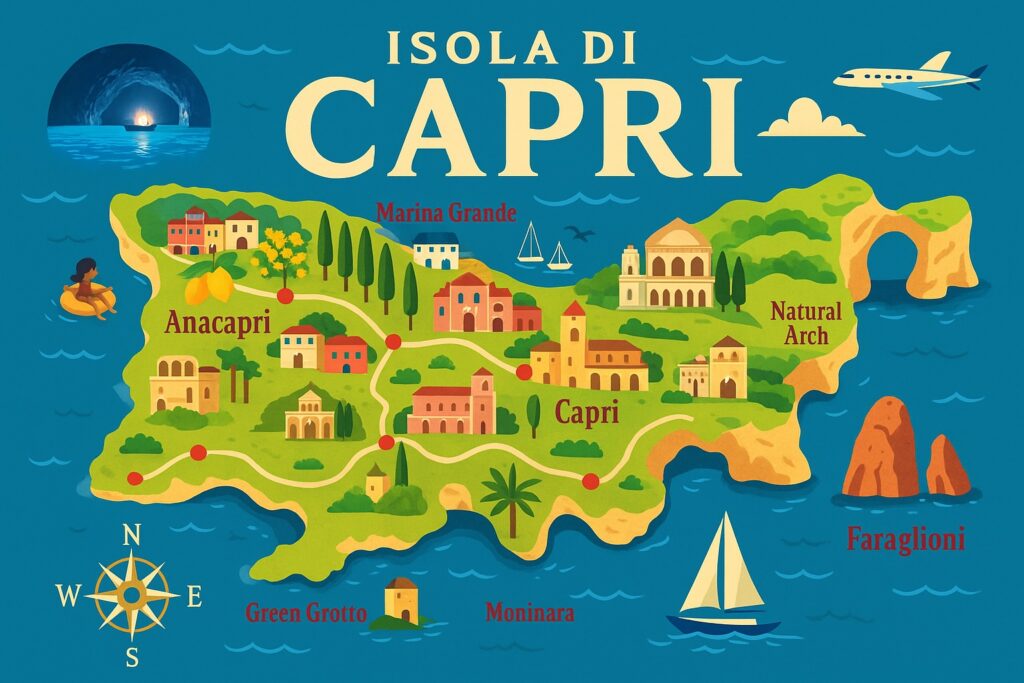 Illustration der Insel Capri mit stilisierten Häusern, Zitronenbäumen, Küstenlinien und Sehenswürdigkeiten – Ursprung der Caprese.