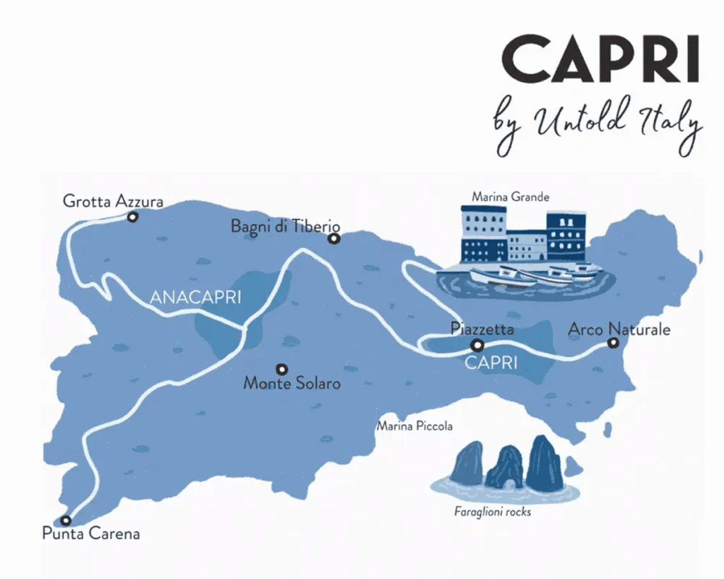 Illustrierte Karte der Insel Capri mit Sehenswürdigkeiten wie Marina Grande, Faraglioni-Felsen und Monte Solaro – Ursprung des Caprese-Salats.