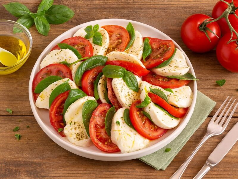 Klassischer Caprese-Salat mit Tomaten, Mozzarella und Basilikumblättern, angerichtet auf einem rustikalen Holztisch mit Olivenöl im Glas.