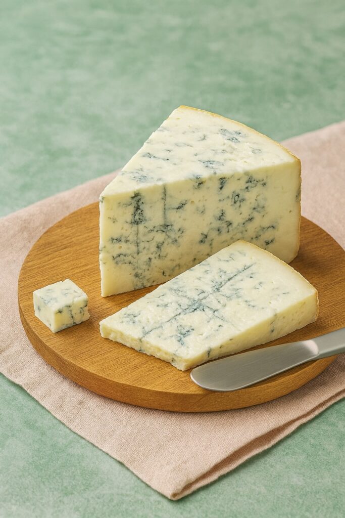 Ein Stück Gorgonzola auf einem runden Holzbrett, daneben ein Messer und eine Scheibe Käse – vor mintgrünem Hintergrund.