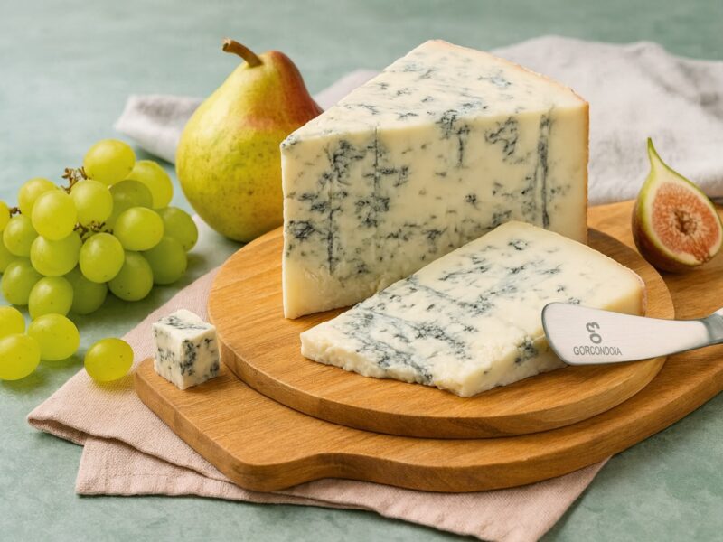 Gorgonzola-Stück auf einem Holzbrett mit frischen Trauben, Birne und Feige – serviert als elegante Käseplatte.