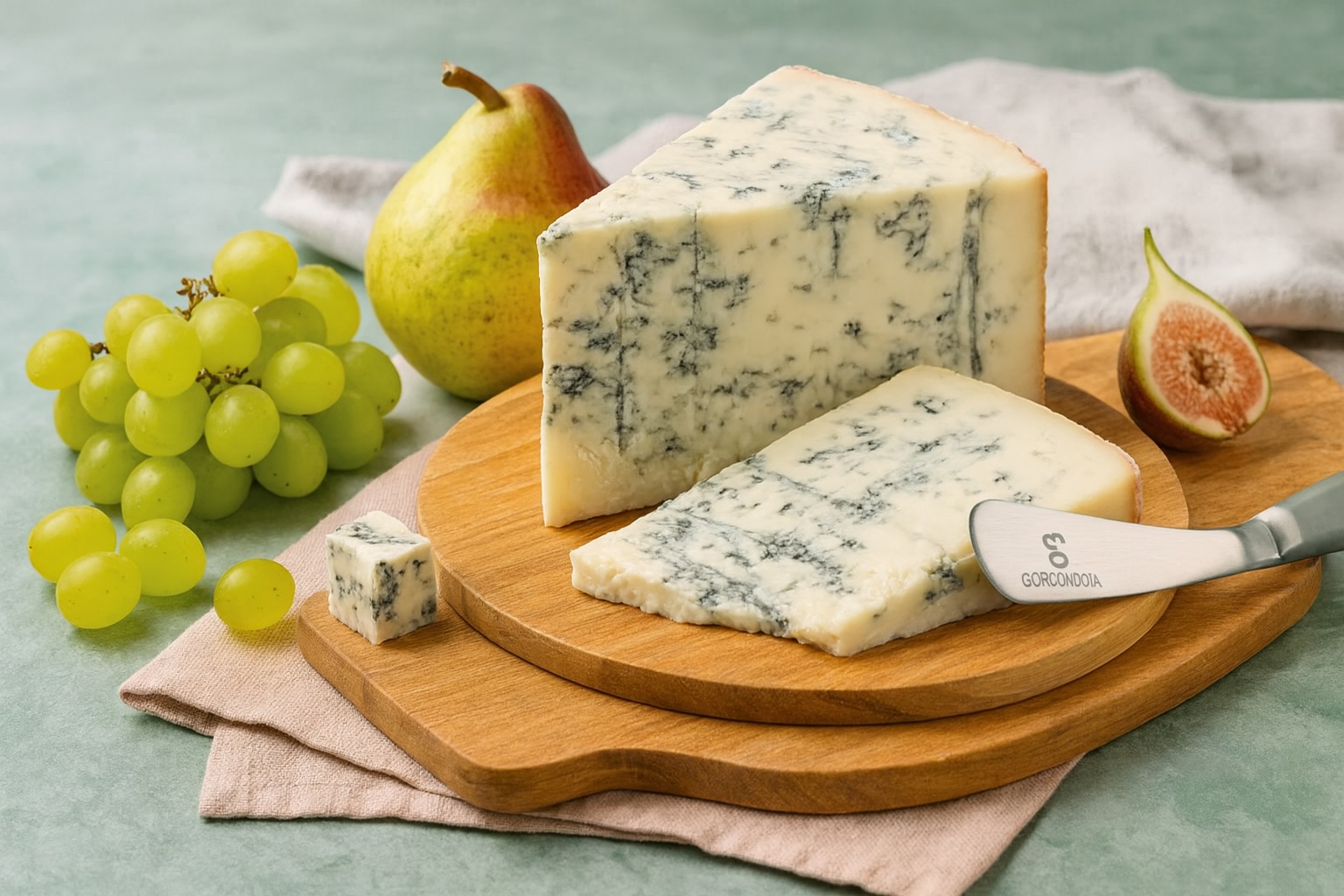 Gorgonzola-Stück auf einem Holzbrett mit frischen Trauben, Birne und Feige – serviert als elegante Käseplatte.
