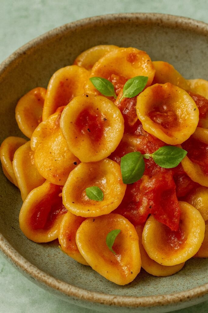 Nahaufnahme von Orecchiette mit Tomatensauce und frischem Basilikum, serviert in einer rustikalen Keramikschale.