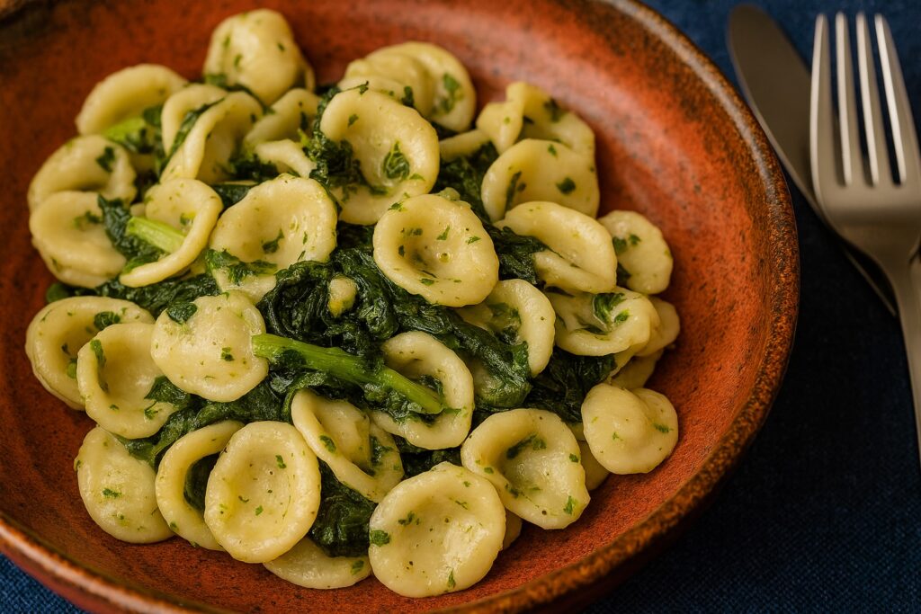 Traditionelle Orecchiette mit Stängelkohl in einer terrakottafarbenen Schale auf dunkelblauem Stoff.