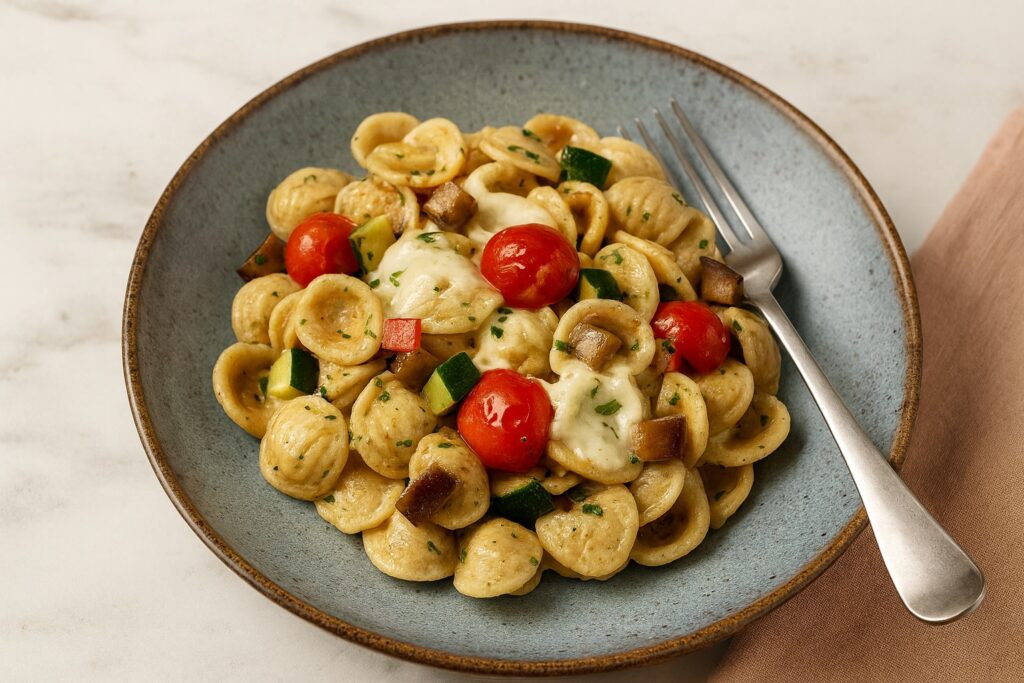 Bunte Orecchiette mit Kirschtomaten, Zucchini, Auberginen und geschmolzenem Käse auf einem blauen Teller.