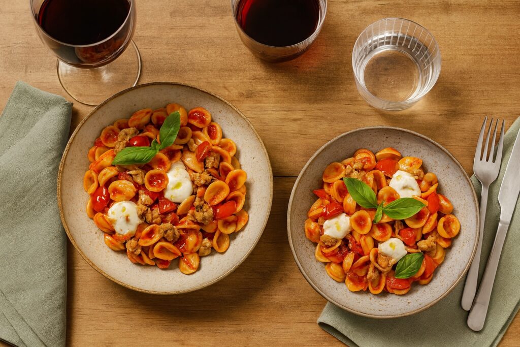 Zwei Teller Orecchiette mit Salsiccia, Tomaten und Mozzarella, garniert mit Basilikum, serviert mit Rotwein.
