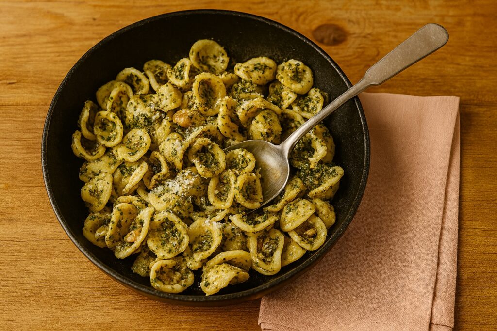 Orecchiette mit Brokkoli und Pecorino in einer schwarzen Pfanne auf Holztisch, daneben eine rosa Serviette.