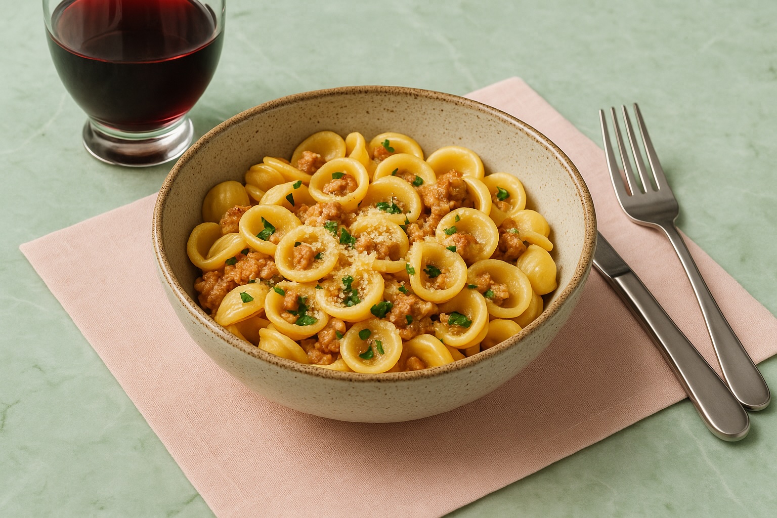 Hausgemachte Orecchiette mit Ragù in Keramikschüssel, serviert mit Rotwein und Besteck auf rosa Serviette.