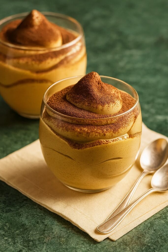 Cremiger Spumone al Caffè in einem Glas, kunstvoll geschichtet und mit Kakaopulver bestäubt – serviert auf einem beigen Tuch mit silbernem Löffel auf grünem Marmortisch.