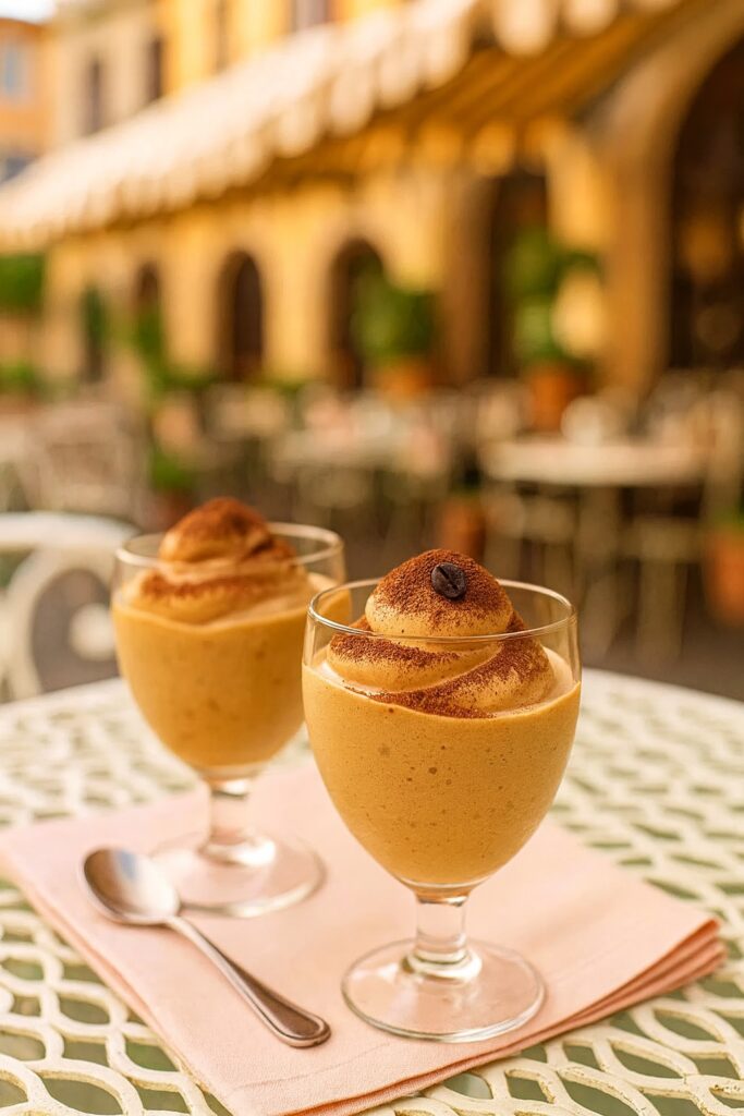 Zwei elegante Gläser Spumone al Caffè mit perfektem Kaffeegeschmack, serviert im Freien auf einem Café-Tisch mit rosafarbener Serviette – italienisches Sommerfeeling pur.