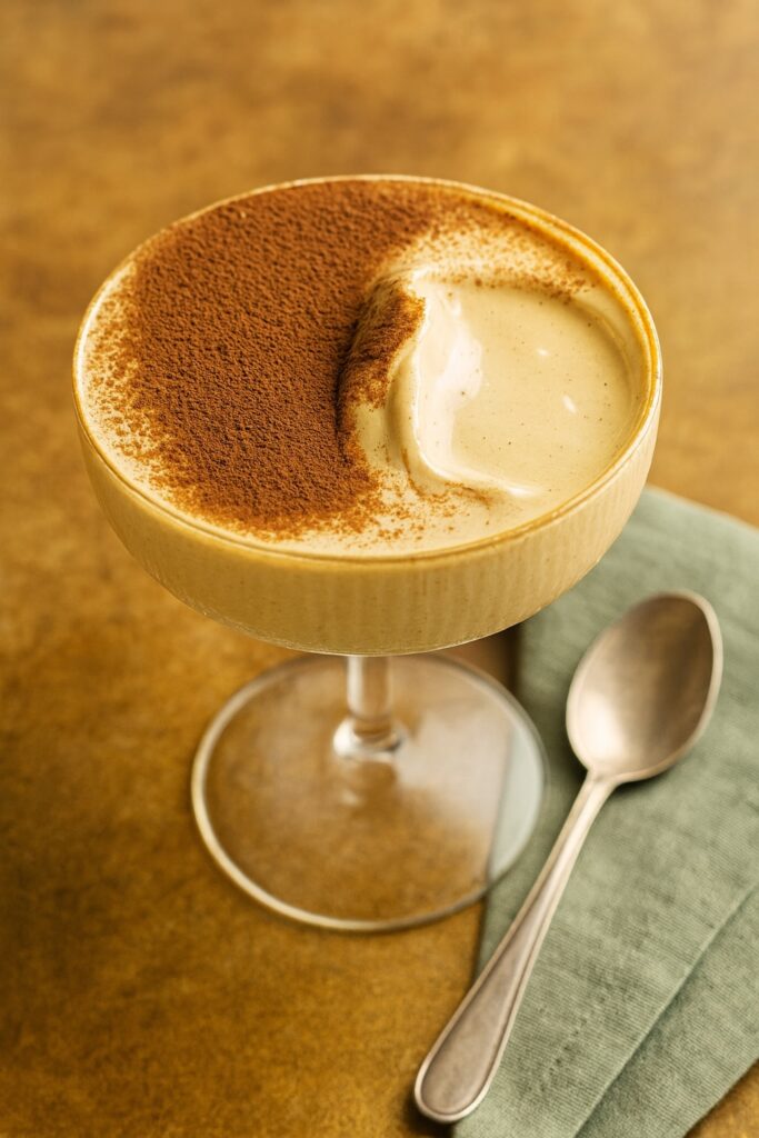 Aufgeschlagener Spumone al Caffè in einem Coupe-Glas, zur Hälfte mit Kakaopulver bedeckt, ein Löffel zeigt die fluffige Textur – serviert auf grünem Stoff.