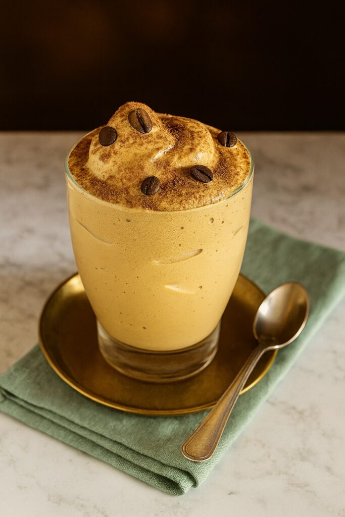 Spumone al Caffè im bauchigen Glas mit goldener Untertasse und Kaffeebohnen als Garnitur – verführerischer Kaffeegenuss mit vintage Flair.