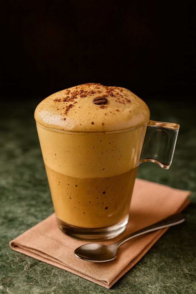 Luftig geschlagener Spumone al Caffè in einem durchsichtigen Glastasse, bedeckt mit Kakaopulver und einer einzelnen Kaffeebohne – serviert auf braunem Stoff.