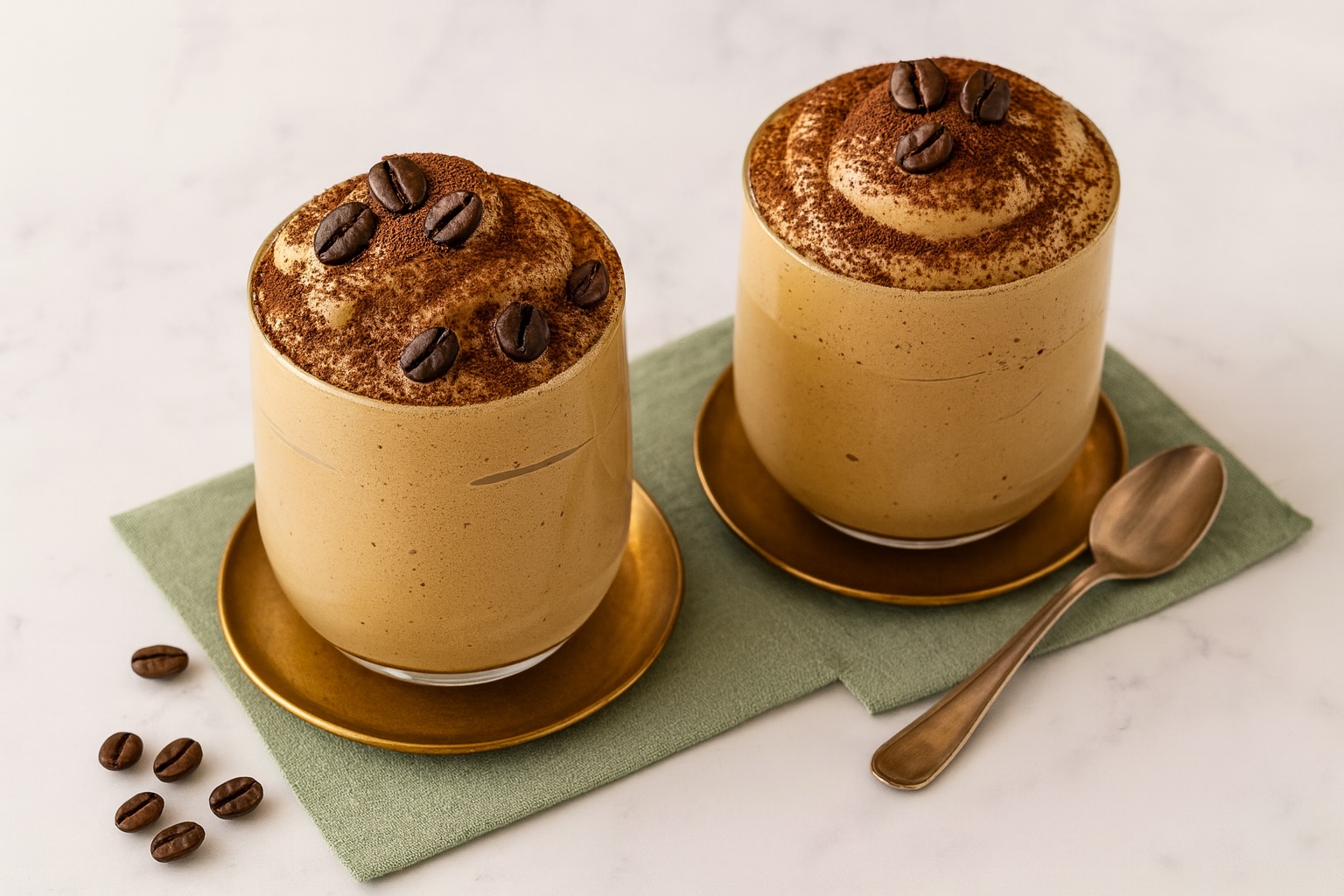 Zwei perfekt aufgeschichtete Gläser Spumone al Caffè mit Kakaopulver und Kaffeebohnen garniert – serviert auf goldenen Untertassen mit grünem Stoff auf weißem Marmortisch.