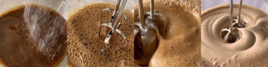 Schritt-für-Schritt-Zubereitung von Spumone al Caffè: von der Zugabe des Zuckers zum Kaffee über das Aufschlagen mit dem Handmixer bis hin zur cremigen, luftigen Mousse – italienische Dessertkunst zum Nachmachen.