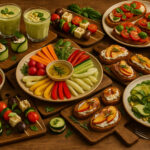 Ein hochwertiges Stillleben zeigt eine Auswahl sommerlicher italienische Antipasti ohne Kochen auf einem rustikalen Holztisch. In der Szene befinden sich Caprese-Bruschetta mit Kirschtomaten und Mozzarella, Gurken-Avocado-Creme in Gläsern mit Minze und Pinienkernen, bunte Gemüsesticks mit Dip (Pinzimonio), Tomaten-Gazpacho mit Croûtons, Spieße mit Feta, Gurke, Tomate und Olive, Melonen-Feta-Spieße mit Minze, Zucchinistreifen mit Zitronen-Dressing, Gurkenröllchen mit Frischkäse und Walnüssen, Gurken-Sandwiches mit Dillcreme sowie Pfirsich-Ricotta-Bruschetta. Die Speisen sind auf verschieden hohen Holztabletts arrangiert, umgeben von Leinentüchern, Vintage-Besteck und mediterranem Flair.