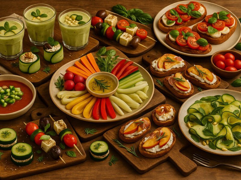 Ein hochwertiges Stillleben zeigt eine Auswahl sommerlicher italienische Antipasti ohne Kochen auf einem rustikalen Holztisch. In der Szene befinden sich Caprese-Bruschetta mit Kirschtomaten und Mozzarella, Gurken-Avocado-Creme in Gläsern mit Minze und Pinienkernen, bunte Gemüsesticks mit Dip (Pinzimonio), Tomaten-Gazpacho mit Croûtons, Spieße mit Feta, Gurke, Tomate und Olive, Melonen-Feta-Spieße mit Minze, Zucchinistreifen mit Zitronen-Dressing, Gurkenröllchen mit Frischkäse und Walnüssen, Gurken-Sandwiches mit Dillcreme sowie Pfirsich-Ricotta-Bruschetta. Die Speisen sind auf verschieden hohen Holztabletts arrangiert, umgeben von Leinentüchern, Vintage-Besteck und mediterranem Flair.
