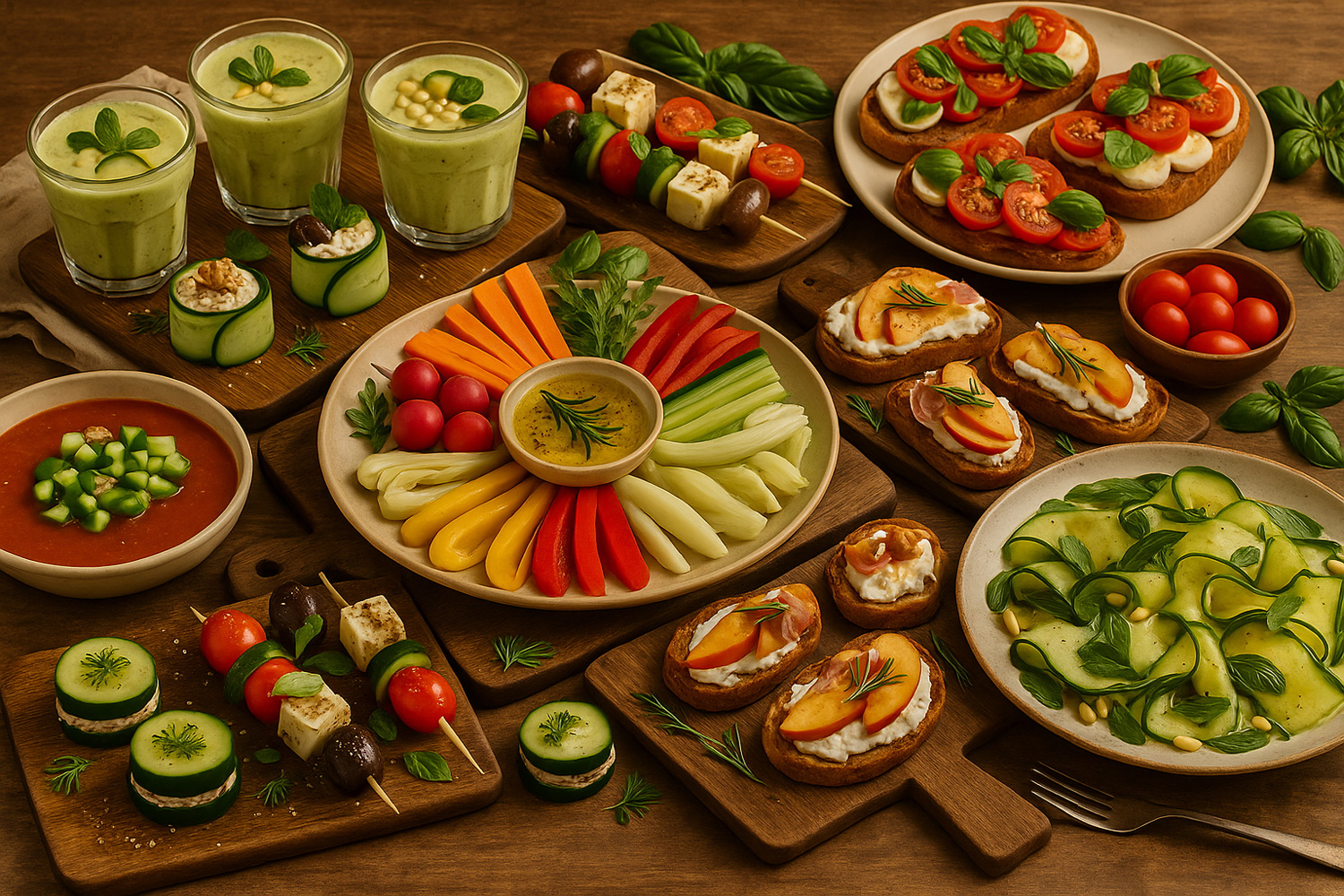 Ein hochwertiges Stillleben zeigt eine Auswahl sommerlicher italienische Antipasti ohne Kochen auf einem rustikalen Holztisch. In der Szene befinden sich Caprese-Bruschetta mit Kirschtomaten und Mozzarella, Gurken-Avocado-Creme in Gläsern mit Minze und Pinienkernen, bunte Gemüsesticks mit Dip (Pinzimonio), Tomaten-Gazpacho mit Croûtons, Spieße mit Feta, Gurke, Tomate und Olive, Melonen-Feta-Spieße mit Minze, Zucchinistreifen mit Zitronen-Dressing, Gurkenröllchen mit Frischkäse und Walnüssen, Gurken-Sandwiches mit Dillcreme sowie Pfirsich-Ricotta-Bruschetta. Die Speisen sind auf verschieden hohen Holztabletts arrangiert, umgeben von Leinentüchern, Vintage-Besteck und mediterranem Flair.