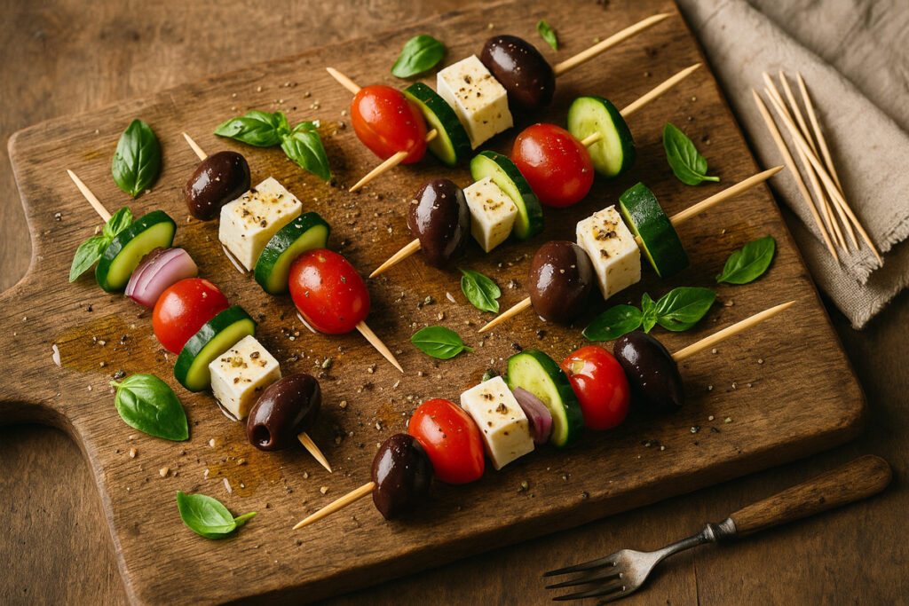 Ein stimmungsvolles Studiofoto im mediterranen Stil: rustikale Spieße mit frischer Gurke, Tomate, Feta, Oliven und Zwiebeln, lässig auf einem verwitterten Holzbrett arrangiert. Die Kombination aus unterschiedlichen Texturen, kleinen Unregelmäßigkeiten und goldenem Licht verleiht dem Bild eine traditionelle und zugleich moderne Ästhetik – ideal für Blogartikel, Rezeptbeiträge oder Produktgeschichten von Centro Italia.
