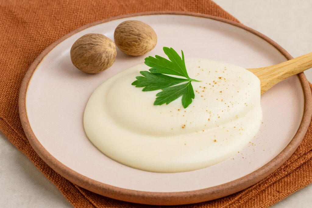 Cremige Béchamelsauce auf einem Teller, garniert mit Muskatnuss und frischer Petersilie.