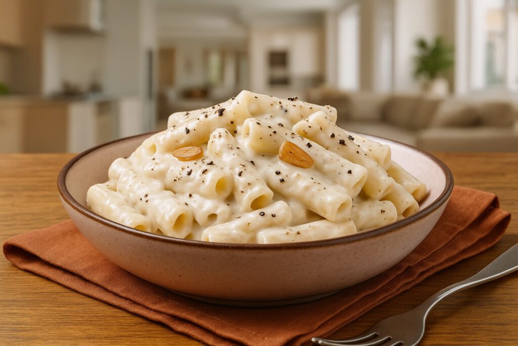 Zitronen-Makkaroni in cremiger Béchamelsauce, verfeinert mit Knoblauch und Pfeffer.