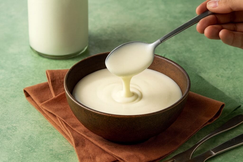 Löffel mit Béchamelsauce in einer Schüssel, daneben eine Milchflasche.