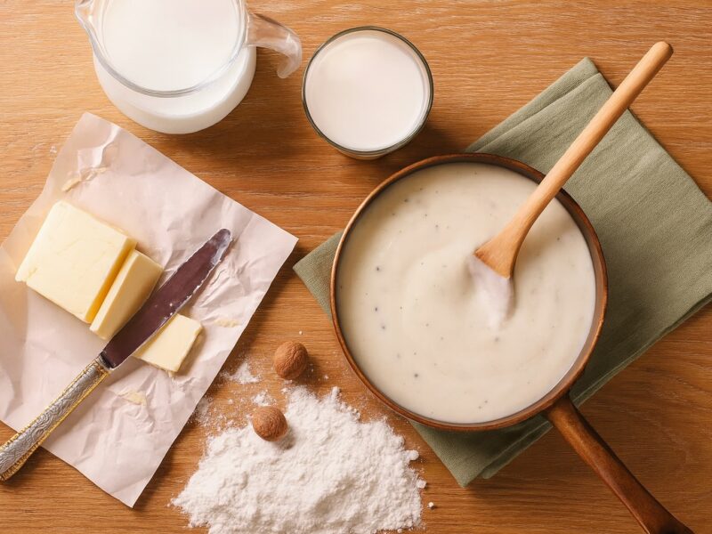 Butter, Mehl und Milch auf einem Küchentisch mit einem Topf voller Béchamelsauce Besciamella – klassische Zubereitungsszene.