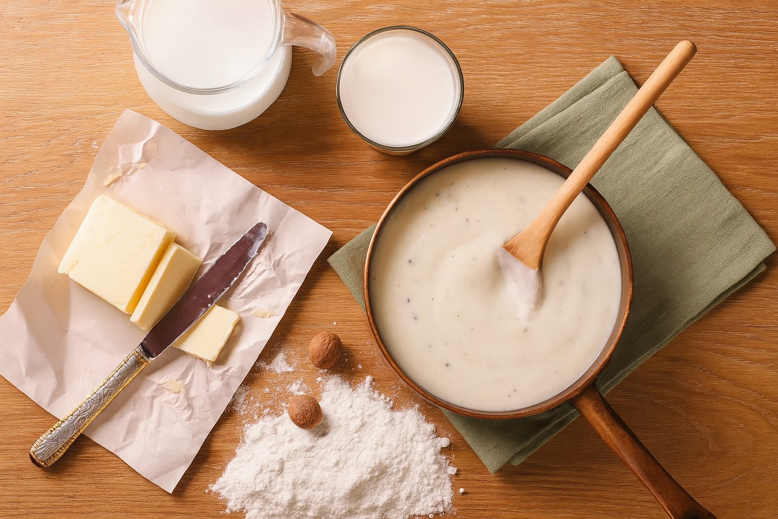 Butter, Mehl und Milch auf einem Küchentisch mit einem Topf voller Béchamelsauce Besciamella – klassische Zubereitungsszene.