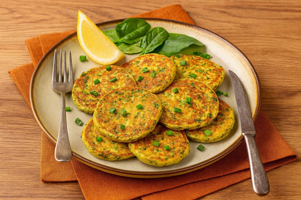 Teller mit goldbraun gebratenen Kichererbsen-Frittelle, garniert mit Frühlingszwiebeln, Zitrone und frischem Spinat, serviert auf rustikalem Holztisch mit orangefarbener Serviette.