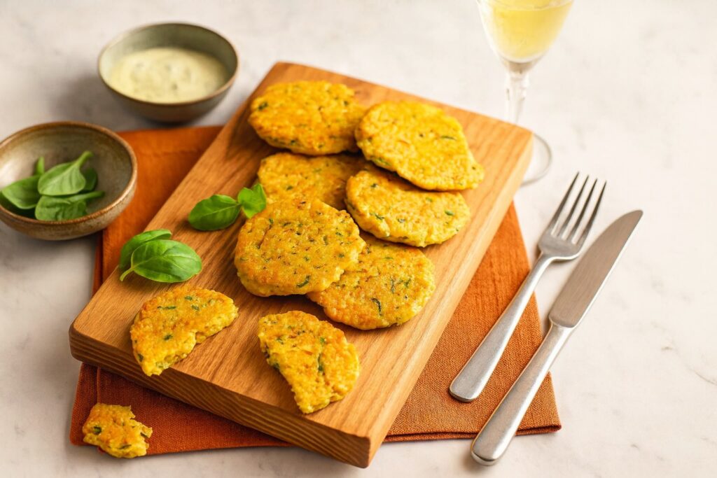 Knusprige Kichererbsen-Küchlein auf einem Holzbrett, begleitet von Basilikumblättern und Dip-Schalen, auf einem weißen Marmorhintergrund mit Sektglas.