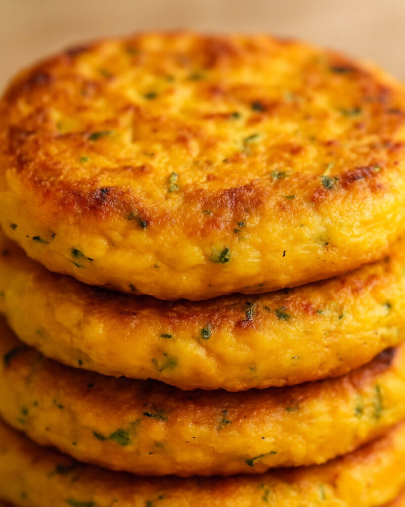 Makroaufnahme eines Stapels knuspriger, goldener Kichererbsen-Frittelle mit Kräutern – perfekt gebräunt und fluffig.