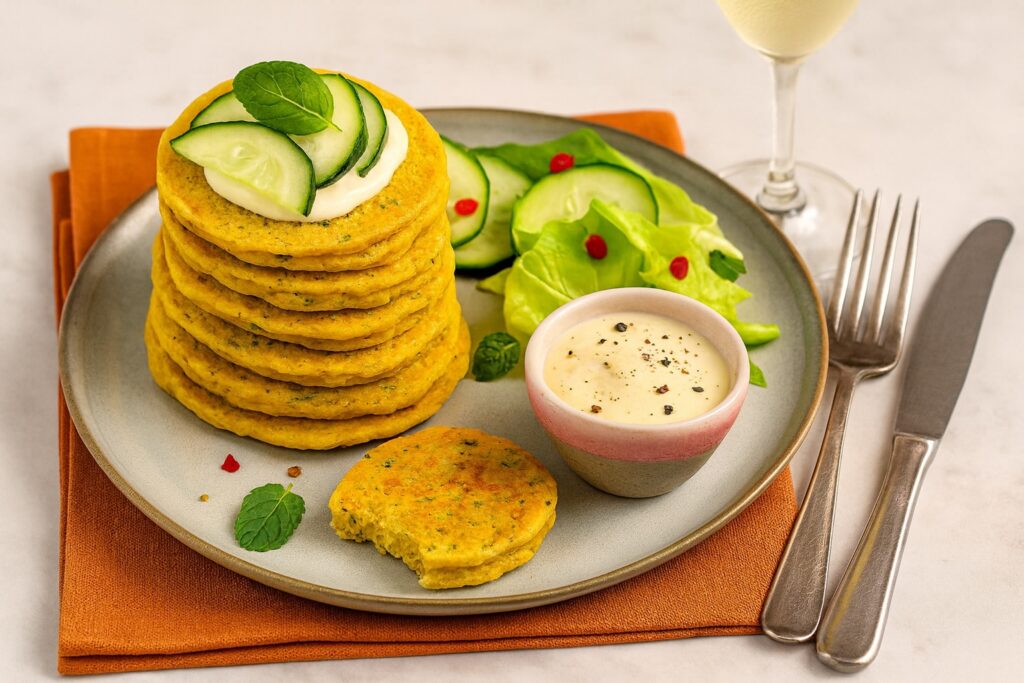 Turm aus fluffigen Kichererbsen-Frittelle auf einem grauen Teller, garniert mit Gurkenscheiben, Minze und Salat, daneben ein cremiger Pfeffer-Dip und ein Glas Weißwein.