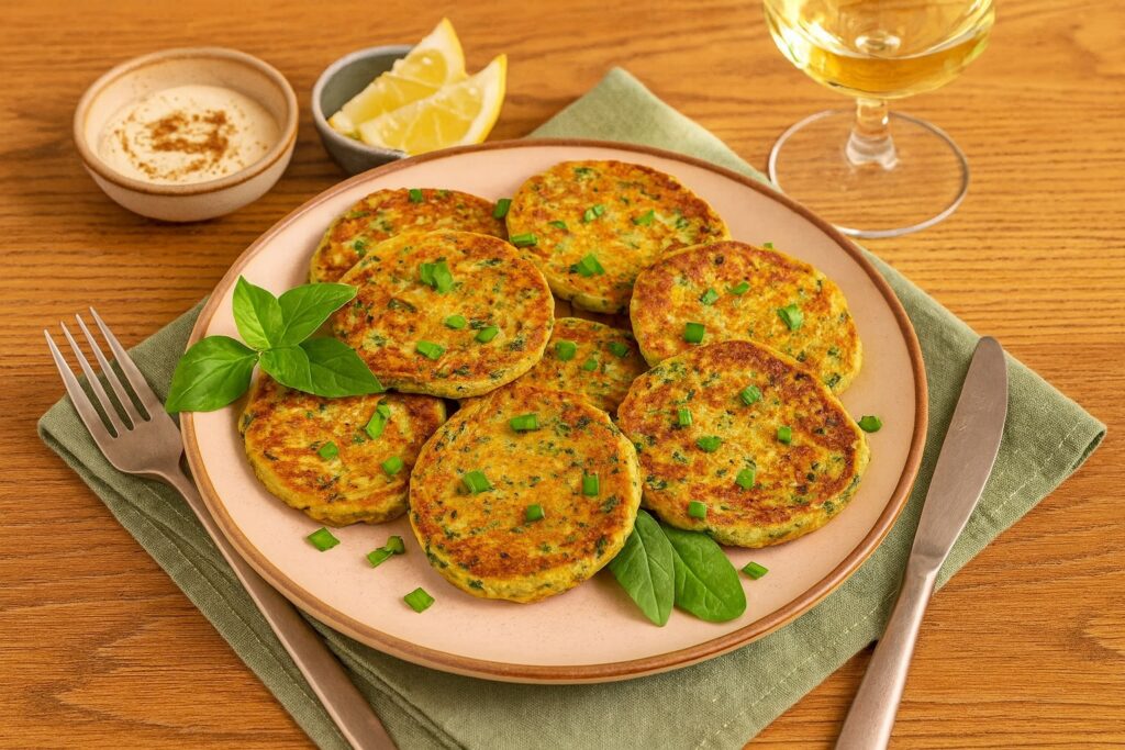 Großer Teller mit goldbraunen Kichererbsen-Frittelle, dekoriert mit Basilikum und Frühlingszwiebeln, serviert mit Zitronenspalten, Dip und einem Glas Weißwein.