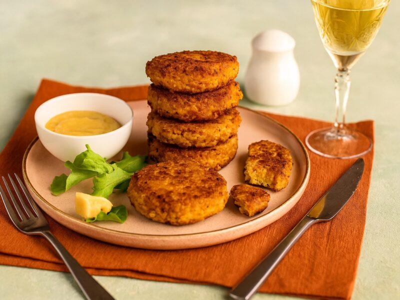 Stapel knuspriger Frittelle di Ceci Kichererbsen-Frittelle auf einem Teller mit Senfdip, Salat und Weißwein – mediterraner Genuss auf rustikal gedecktem Tisch.
