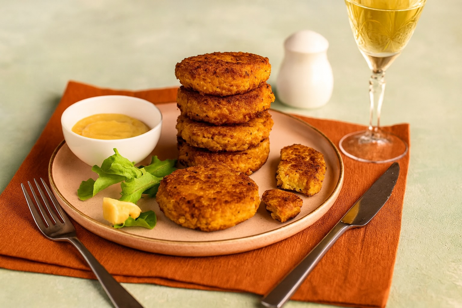 Stapel knuspriger Frittelle di Ceci Kichererbsen-Frittelle auf einem Teller mit Senfdip, Salat und Weißwein – mediterraner Genuss auf rustikal gedecktem Tisch.