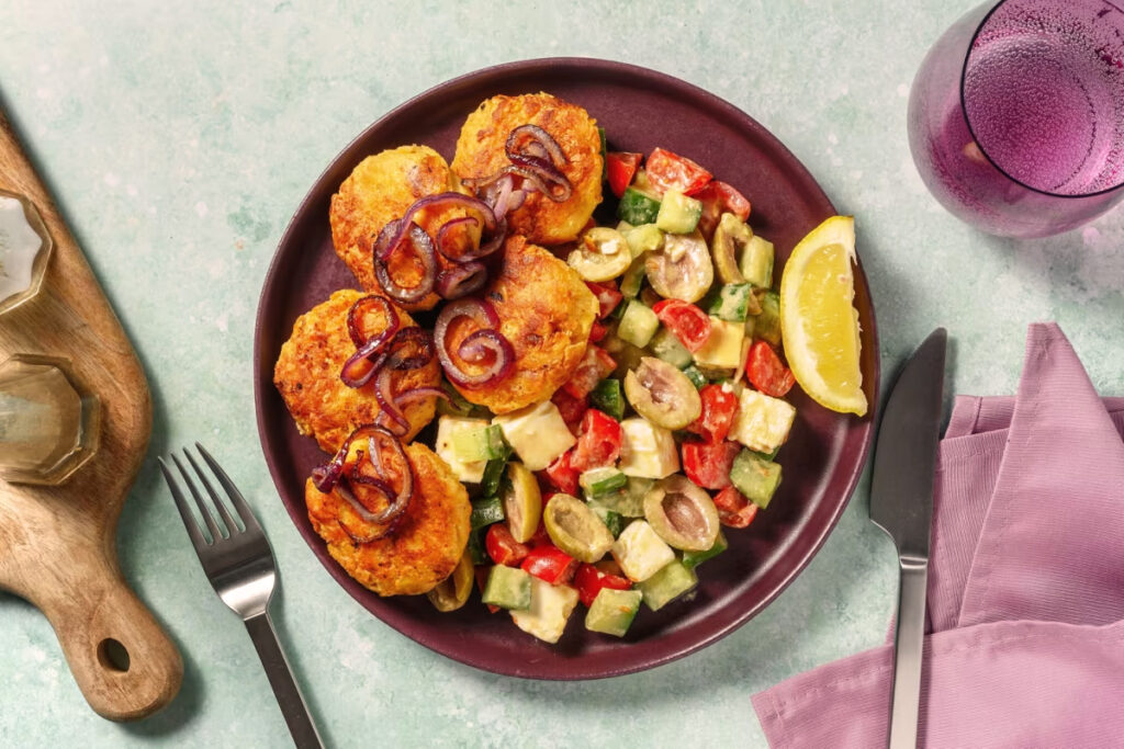 Goldbraun gebratene Kichererbsen-Frittelle mit gebratenen Zwiebeln und mediterranem Avocado-Gemüsesalat auf einem lila Teller – eine kreative Neuinterpretation des italienischen Klassikers.