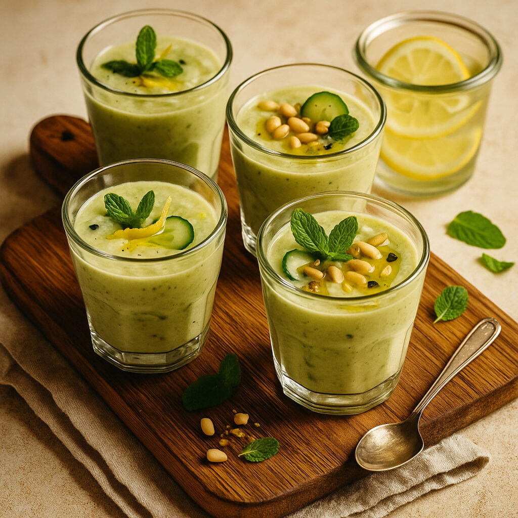 Ein elegantes Bild im mediterranen Stil: Kleine Gläser mit cremiger, grüner Avocado‑Gurken‑Crème, dekoriert mit Kräutern, Zitronenzeste und Dingen wie Pinienkernen – locker auf einem rustikalen Holzbrett arrangiert. Die ungleichmäßigen Texturen und warme Lichtführung verleihen dem Motiv einen dezenten Vintage‑Charme – ideal für eine hochwertige Centro Italia Rezeptdarstellung oder Inspirationsseite.