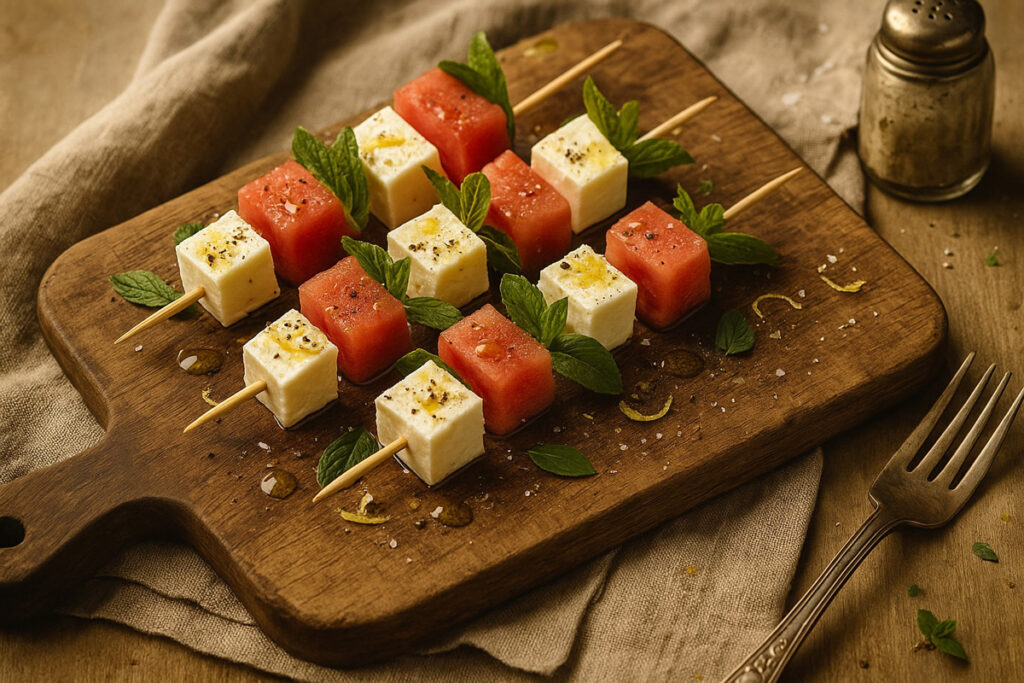 Ein warmes, mediterran inspiriertes Foto im 3×2-Format: Melonen‑Feta‑Spieße mit frischer Minze auf einem rustikalen Holzbrett, dekoriert mit Olivenöl, Pfeffer und Zitronenzeste. Das sanfte Licht und die warmen Farbtöne verleihen dem Bild einen stilvollen Vintage-Charme – perfekt für hochwertige Rezeptdarstellungen oder Produktseiten.