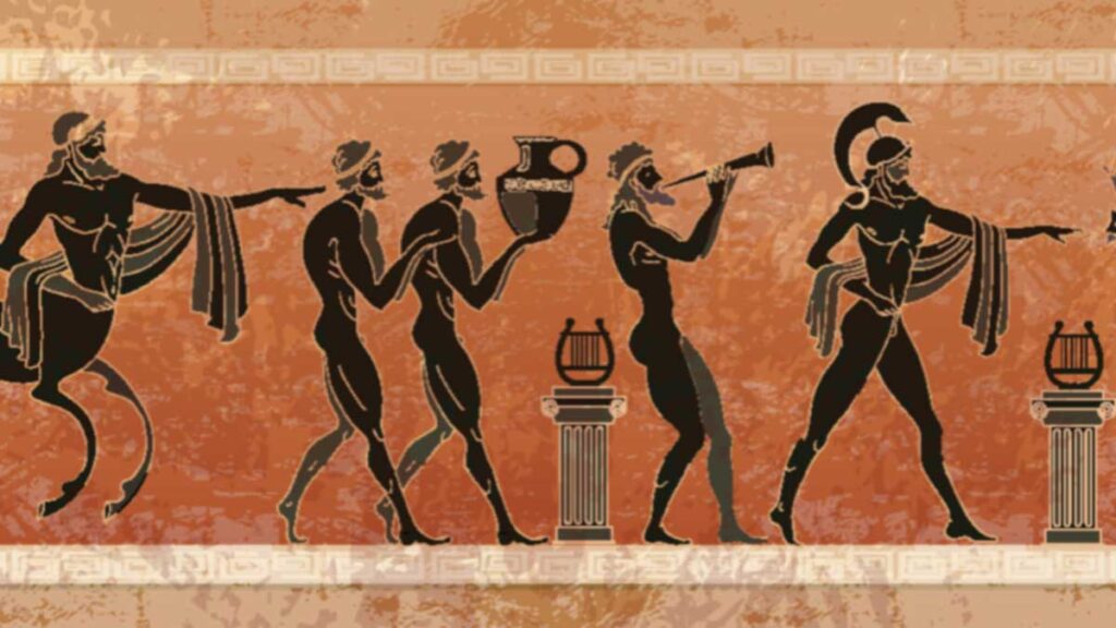 Antike griechische Darstellung einer Festprozession mit Amphore, Musikinstrumenten und Krieger – symbolische Szene zum Thema Olivenölkultur.
