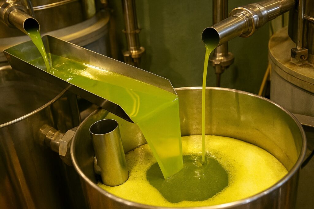 Leuchtend grünes Olivenöl fließt frisch gepresst aus einer modernen Ölpresse in Edelstahltanks.