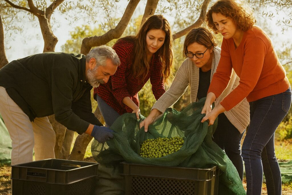 Vier Personen bei der Olivenernte im Olivenhain – die Oliven werden vorsichtig in eine Kiste geleert.