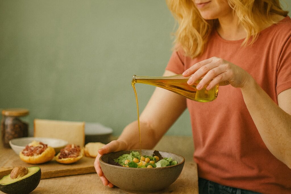 Frau gießt Olivenöl über einen frischen Salat in einer Keramikschüssel – im Hintergrund Avocado und Bruschetta.