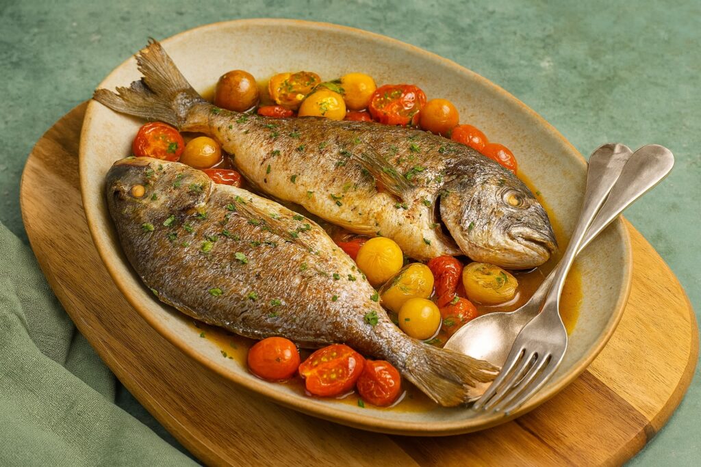 Zwei ganze Goldbrassen in einer hellen Auflaufform, serviert mit gelben und roten Kirschtomaten auf grüner Tischdecke.