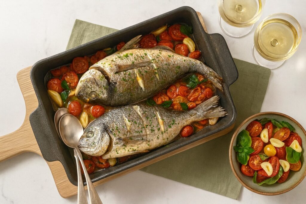 Goldbrassen im Bräter auf einem Bett aus Kirschtomaten, Knoblauch und Kräutern, begleitet von Weißwein und grünem Tuch.